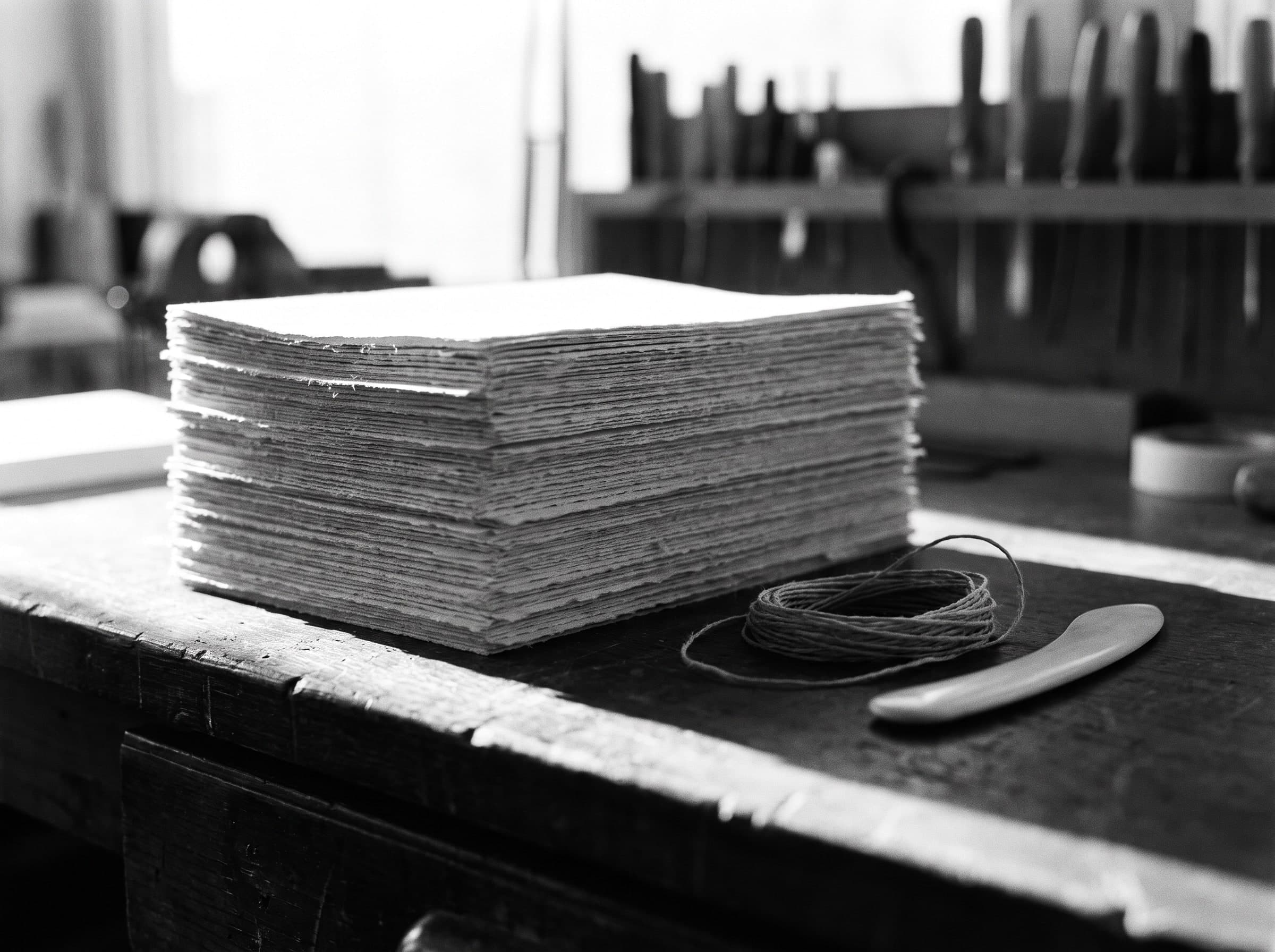 Stapel unbeschnittener, loser Papierbögen auf einer Werkbank, daneben ein Knäuel Leinenfaden und ein Falzbein